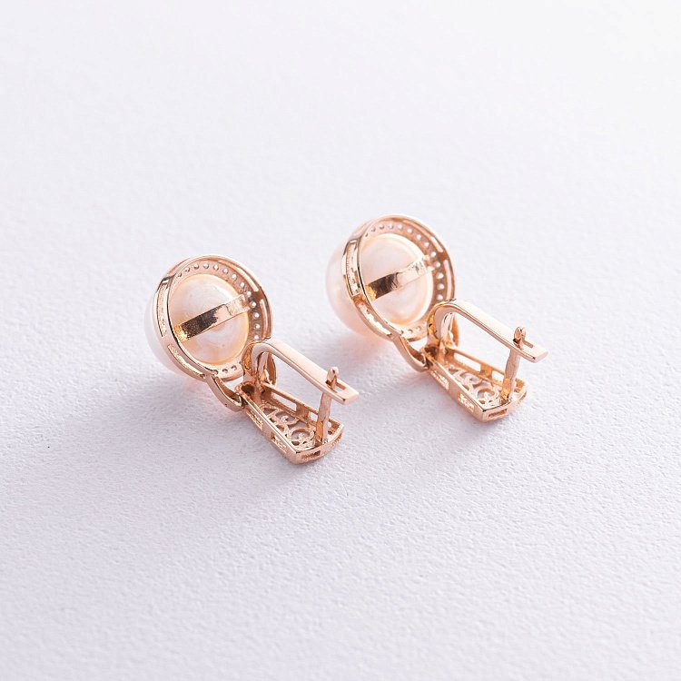 Золотые серьги с жемчугом и фианитами с06845 от ювелирного магазина Оникс - 2