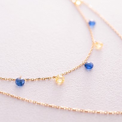 Подвійне золоте кольє "Українка" з монеткою (сині та жовті фіаніти) кол02325 №3