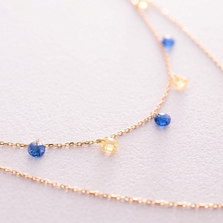 Подвійне золоте кольє "Українка" з монеткою (сині та жовті фіаніти) кол02325 від ювелірного магазину Онікс - 2