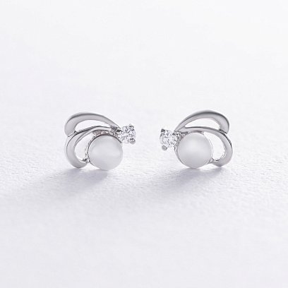 Серебряные серьги-гвоздики (культ. пресн. жемчуг, фианит) 12645