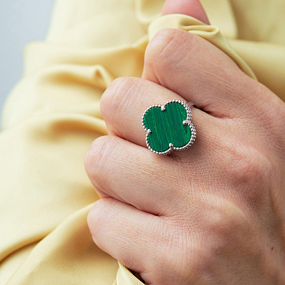 Каблучка "Конюшина" з малахітом (біле золото) к07000 №2