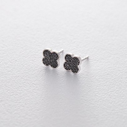 Золоті сережки-пусети "Конюшина" (чорні фіаніти) с05632