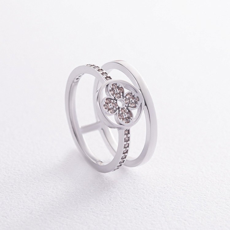 Каблучка "Конюшина" в білому золоті (жовті фіаніти) к07445 від ювелірного магазину Онікс