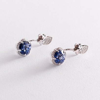 Золотые серьги - джекеты "Цветочки" с синими сапфирами с1005 №5