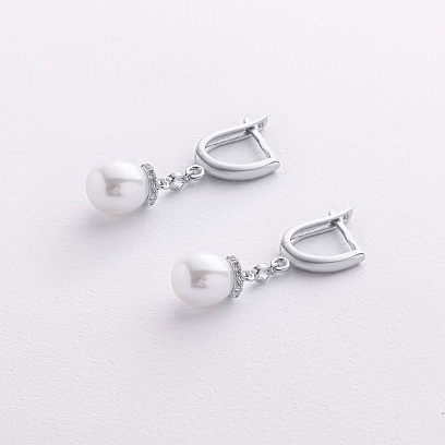 Серьги с жемчугом и фианитами (белое золото) с09692 №2