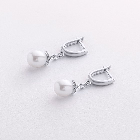 Серьги с жемчугом и фианитами (белое золото) с09692 №3