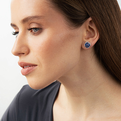 Серьги - пусеты "Клевер" в белом золоте (бриллианты, сапфиры) сб0718mi №2