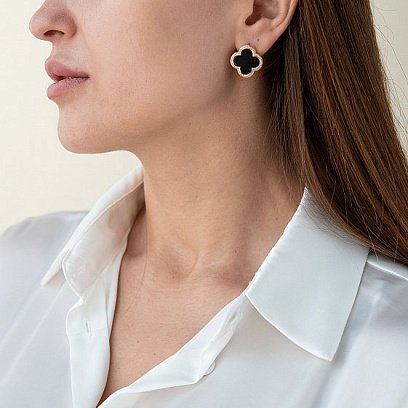 Золотые серьги "Клевер" с ониксом с07538 №4