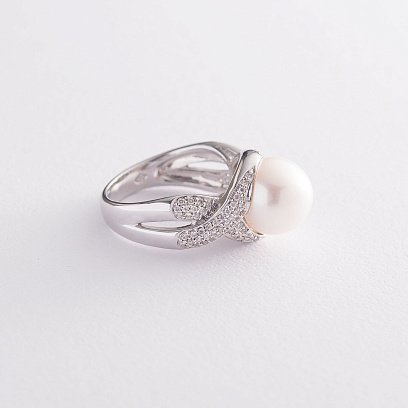 Золота каблучка з перлиною і діамантами к856 №3