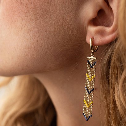 Патриотические серьги с цепочками в желтом золоте (синяя и желтая эмаль) с08052 №2