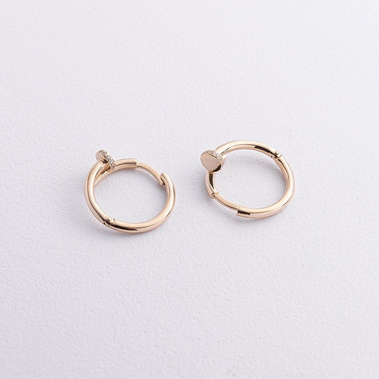 Серьги - кольца "Гвоздь" в желтом золоте (фианиты) с09329 от ювелирного магазина Оникс - 1