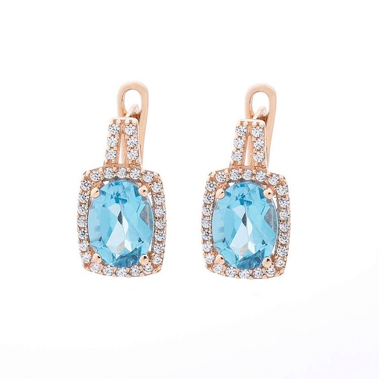 Золотые серьги с голубым топазом и фианитами с04186 от ювелирного магазина Оникс
