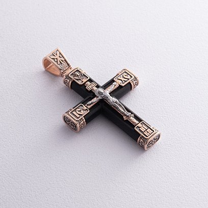 Золотой крест "Распятие. Спаси и Сохрани" с эбеновым деревом 981з