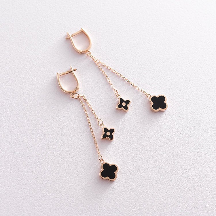 Золотые серьги "Клевер" с емалью с07129 от ювелирного магазина Оникс