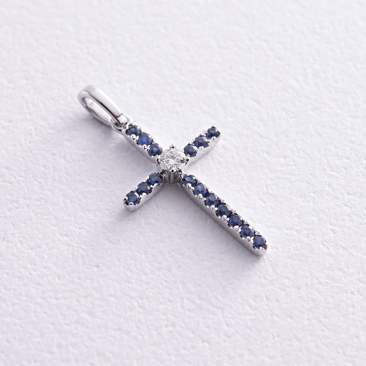 Золотий хрестик з сапфірами і діамантами пб0123gm від ювелірного магазину Онікс