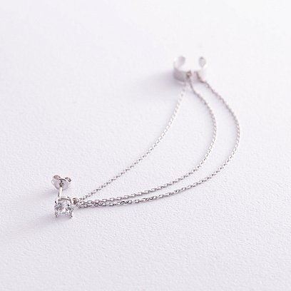 Серьга - каффа "Тринити" в белом золоте с цепочками (фианит) с08020 №3