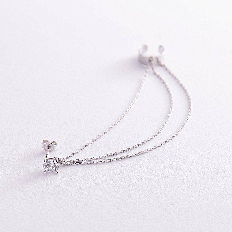 Серьга - каффа "Тринити" в белом золоте с цепочками (фианит) с08020 от ювелирного магазина Оникс - 3