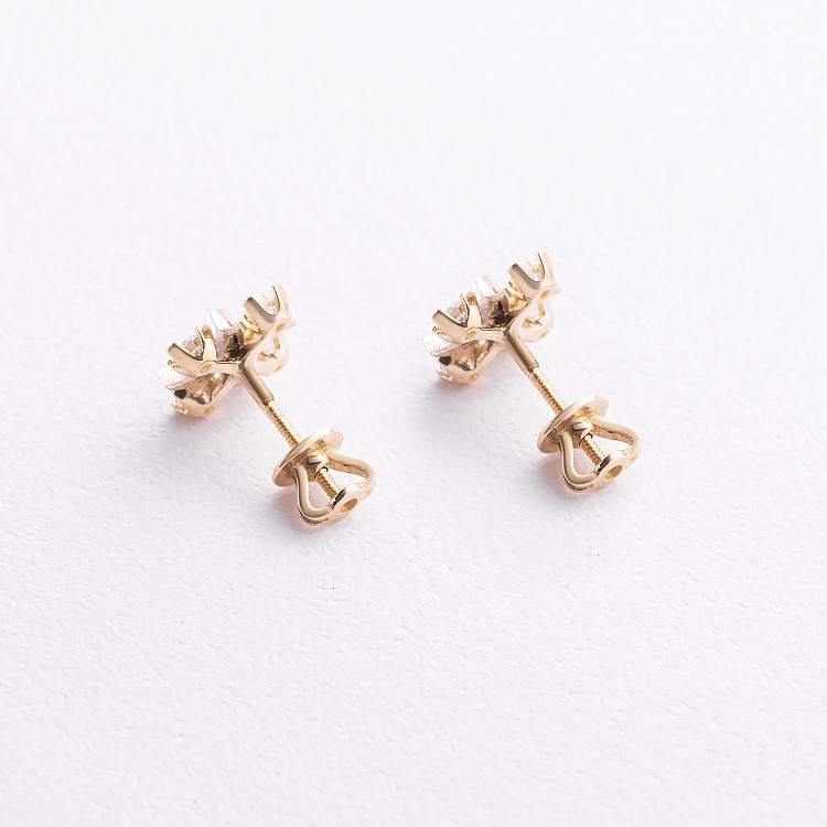 Серьги - пусеты "Клевер" с фианитами (желтое, белое золото) с09714 от ювелирного магазина Оникс - 1