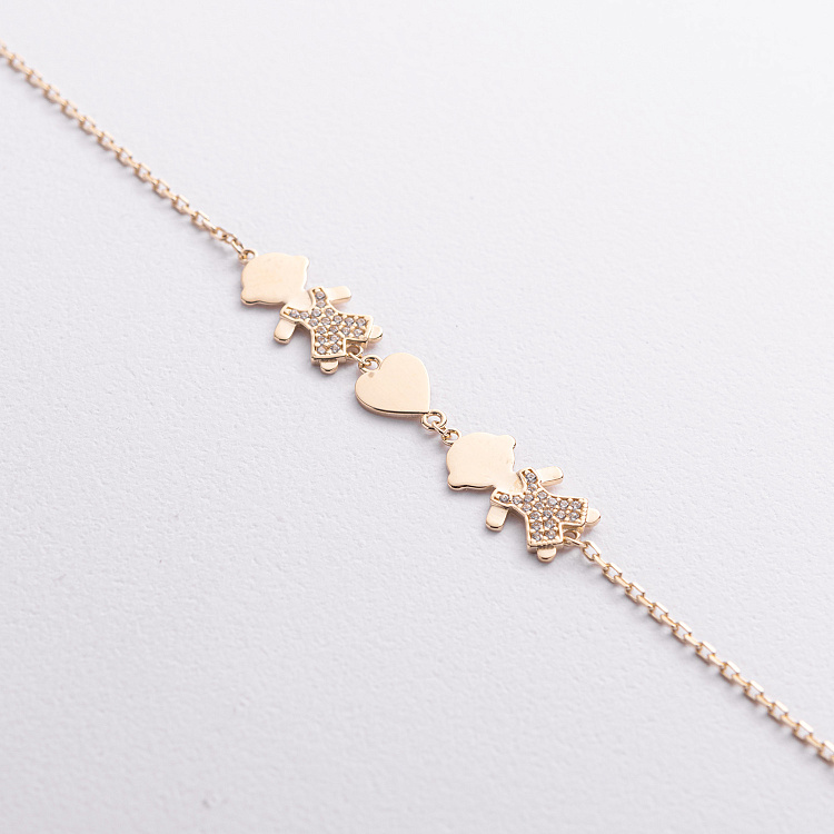 Браслет "Два мальчика и сердечко" в желтом золоте (фианиты) б05656 от ювелирного магазина Оникс - 1