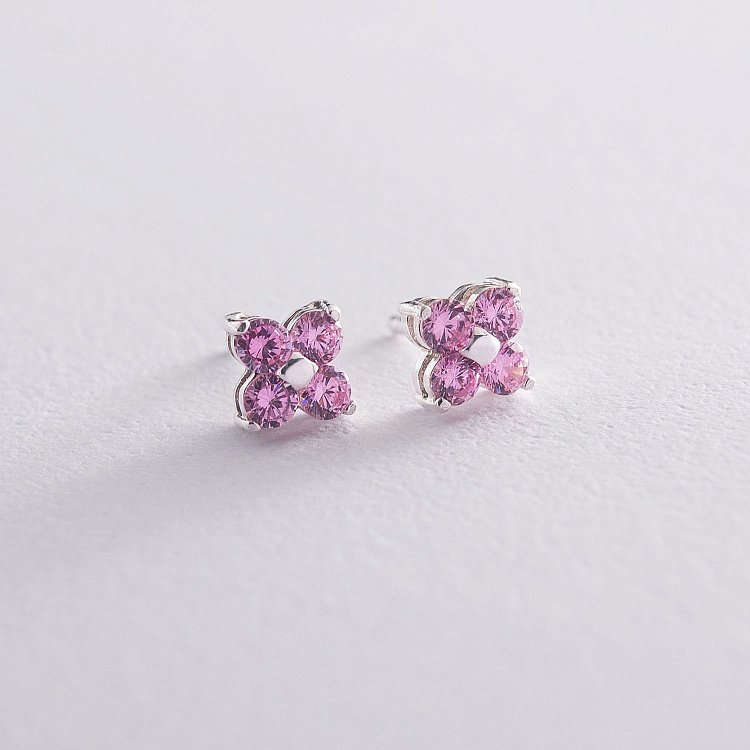 Серебряные серьги - пусеты "Цветочки" с фианитами 121632 от ювелирного магазина Оникс