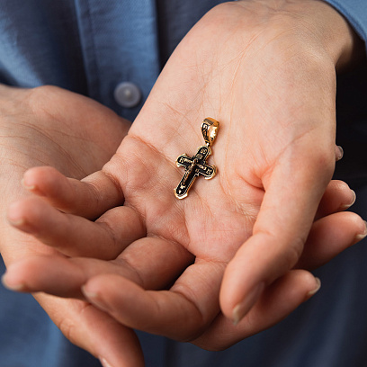 Православный крест "Распятие. Спаси и сохрани" в желтом золоте п03608 №2