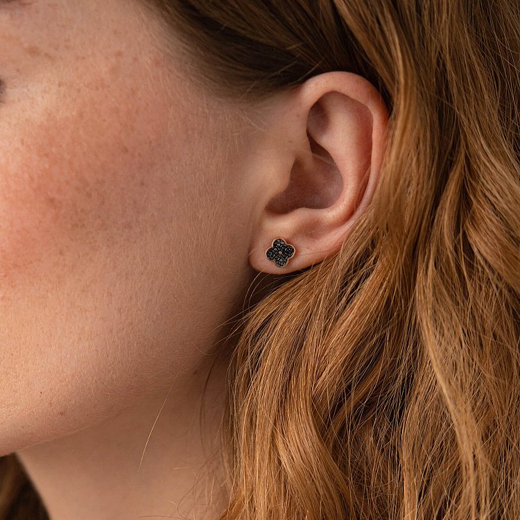 Золотые серьги - пусеты "Клевер" (черные фианиты) с07888 от ювелирного магазина Оникс - 6