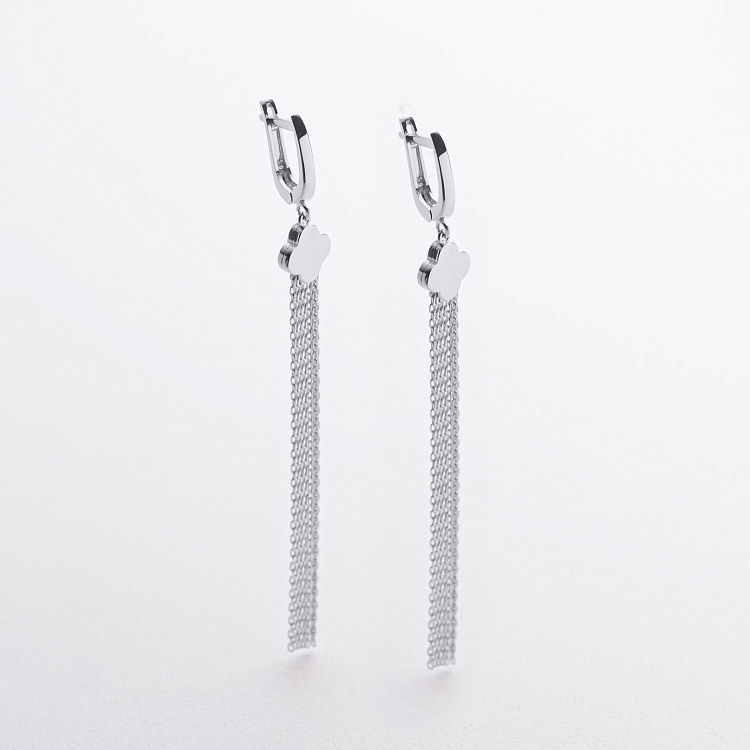 Сережки "Конюшина" з ланцюжками (біле золото) с09411 від ювелірного магазину Онікс