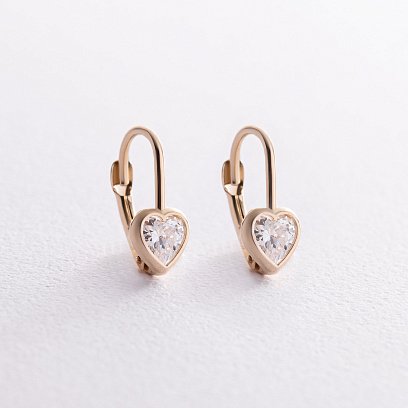 Дитячі золоті сережки "Сердечки" з фіанітами с08288