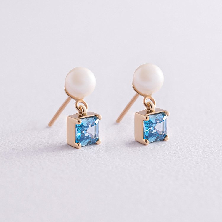 Золотые серьги - пусеты "Альма" (голубые фианиты, жемчуг) с08253 от ювелирного магазина Оникс - 4