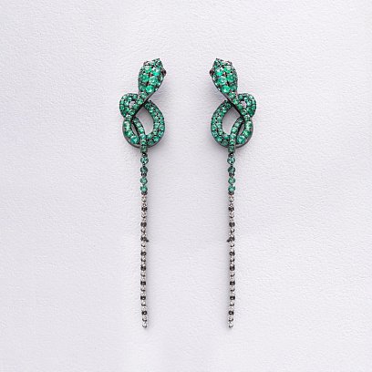 Золотые серьги - пусеты "Змеи" (бриллианты, изумруды, рубины) сб0597nl