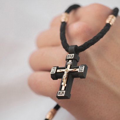 Чоловічий православний хрест "Розп'яття. Спаси та Збережи" на шнурі з ебенового дерева та золота кол02523 №7