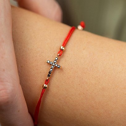 Браслет с красной нитью и крестиком (черные фианиты) б05331 №4