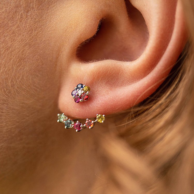 Золотые серьги - джекеты 2 в 1 (разноцветные сапфиры, бриллианты) сб0453nl от ювелирного магазина Оникс