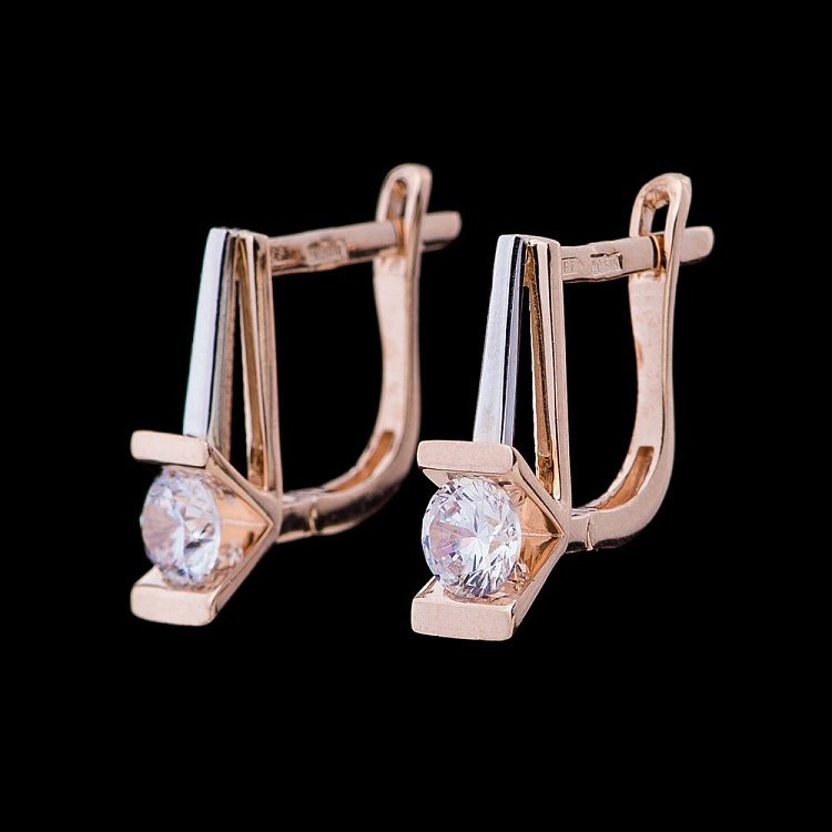 Золотые серьги с одним фианитом с04516 от ювелирного магазина Оникс - 1
