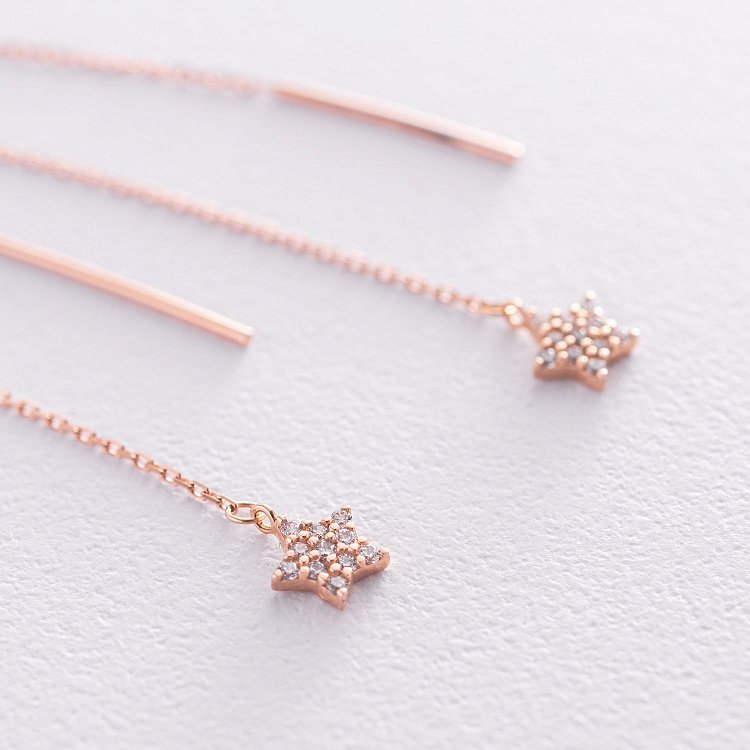 Золоті сережки - протяжки "Зірки" з фіанітами с05280 від ювелірного магазину Онікс - 2