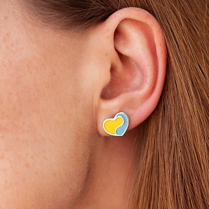 Сережки - пусети "Українське серце" у сріблі (блакитна та жовта емаль) 1018 №4