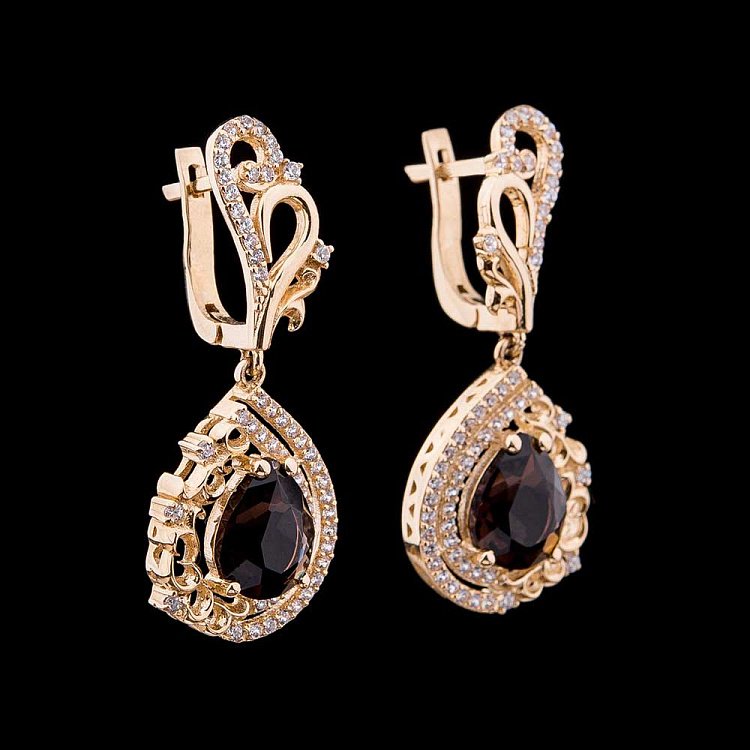 Золоті сережки з димчастим кварцом і фіанітами с03903 від ювелірного магазину Онікс - 2