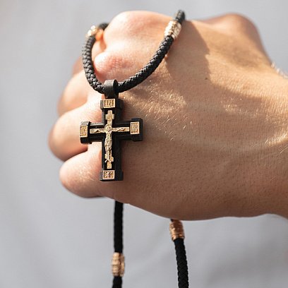 Мужской православный крест "Распятие. Спаси и Сохрани" на шнуре из эбенового дерева и золота кол02245 №7