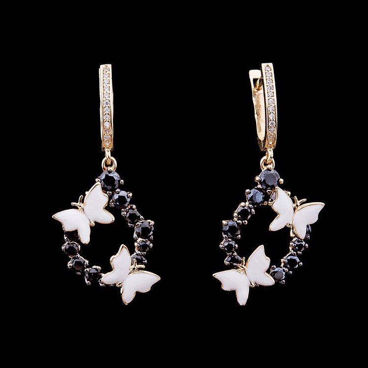 Золоті сережки "Метелики" з емаллю і фіанітами с03442 від ювелірного магазину Онікс - 1