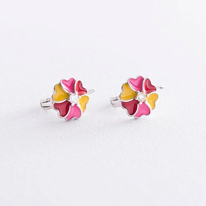 Детские серебряные серьги "Цветочки" (фианит, эмаль) 122709