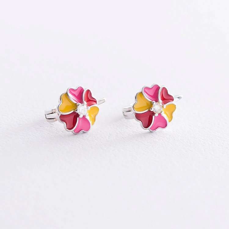 Детские серебряные серьги "Цветочки" (фианит, эмаль) 122709 от ювелирного магазина Оникс