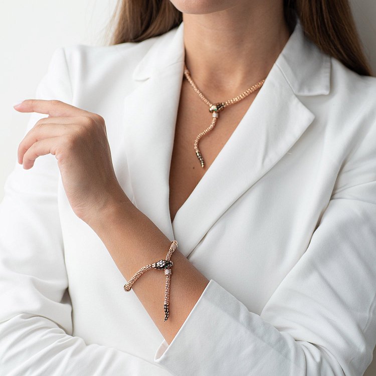 Колье "Змея" в красном золоте (фианит, эмаль) кол01727 от ювелирного магазина Оникс - 3