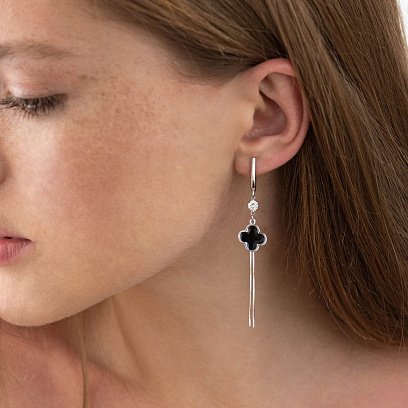 Серебряные серьги "Клевер" (эмаль, фианит) 122787