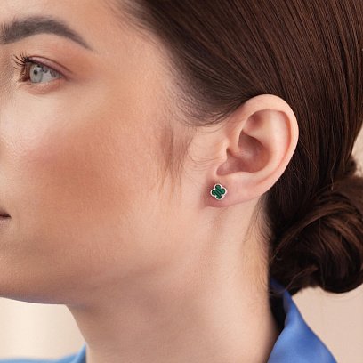 Срібні сережки - пусети "Конюшина" з малахітом mini 123293 №2