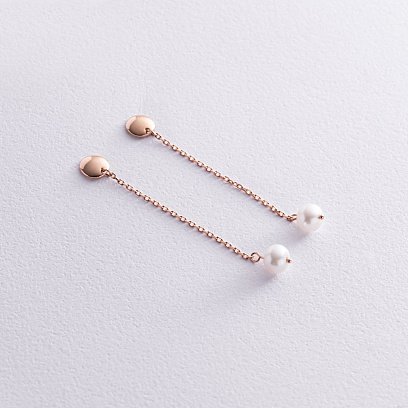 Серьги - пусеты "Жемчужина на цепочке" в красном золоте с08292 №6