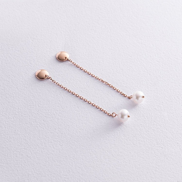 Серьги - пусеты "Жемчужина на цепочке" в красном золоте с08292 от ювелирного магазина Оникс - 6