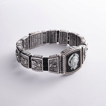 Серебряный браслет "Господь Вседержитель. Лики Святых" (эбеновое дерево, фианит) 944