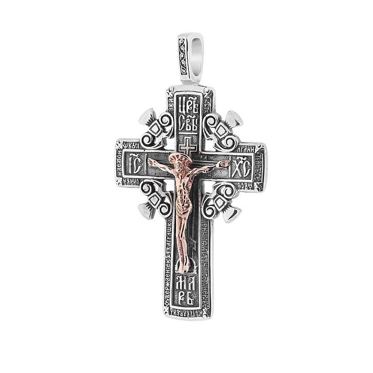 Серебряный православный крест с золотым распятием 13501а от ювелирного магазина Оникс