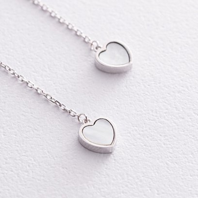 Сережки - протяжки "Сердечки" з перламутром (біле золото) с08577 №2