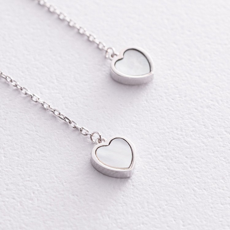 Сережки - протяжки "Сердечки" з перламутром (біле золото) с08577 від ювелірного магазину Онікс - 1